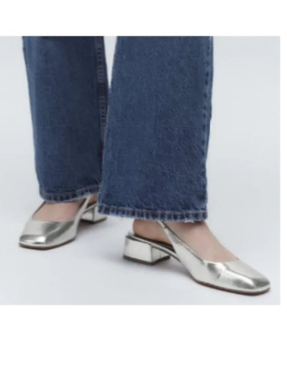 Zara Block Heel Ballerina Square Toe Slingback Heels Silver Size 40/9-9.5 - Picture 6 of 16
